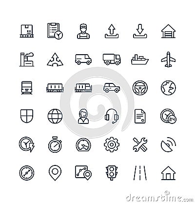 Vector thin line icons set with Logistic, delivery business, distribution outline symbols. Vector Illustration