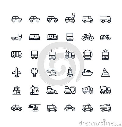 Vector thin line icons set with public transport, cars outline symbols. Vector Illustration