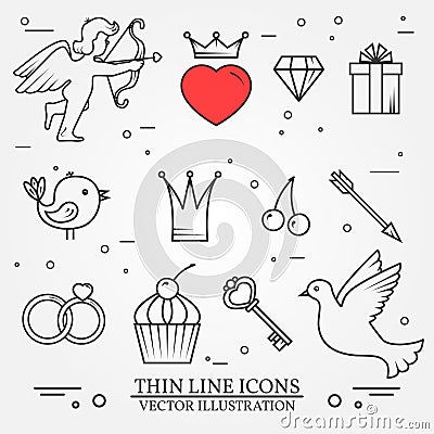 Vector thin line icons set for Saint Valentine's day and love th Vector Illustration