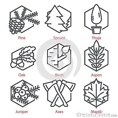 Vector thin line icons set with trees for nature and ecology infographics and UX UI Vector Illustration