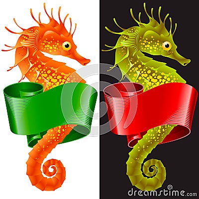 Vector Thorny Seahorse is Wrapped in Swirl Ribbon Vector Illustration