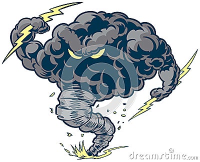 Vector Thunder Cloud Storm Tornado Mascot with Lightning Bolts Vector Illustration