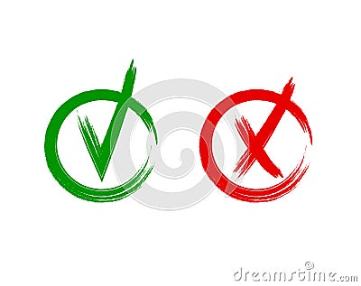 Vector Tick and Cross Icons, Grunge Scribble Lines Freehand Drawings, Green and Red Colored Signs. Vector Illustration