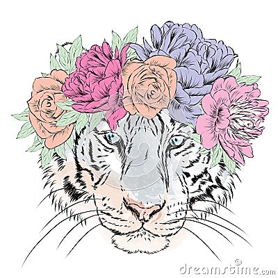 Vector tiger in a wreath of flowers. Hipster. Vector Illustration