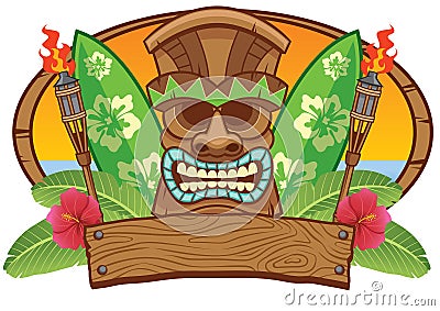 Tiki mask with surfing board Vector Illustration
