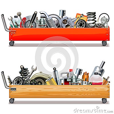 Vector Toolbox Cart with Car Parts Vector Illustration