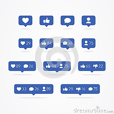 Vector Tooltip Speech Bubble Like, Unlike, Follower, Comment, Notification, Heart, User Icon Set. Social Network Icons Counter Col Vector Illustration