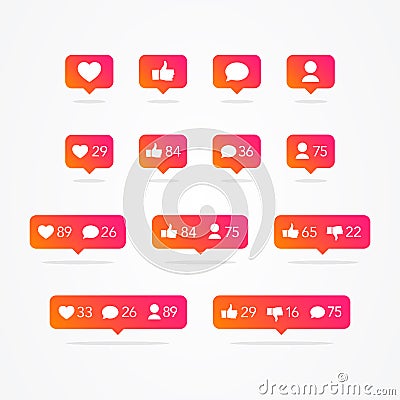 Vector Tooltip Speech Bubble Like, Unlike, Follower, Comment, Notification, Heart, User Icon Set. Social Network Icons Counter Col Vector Illustration