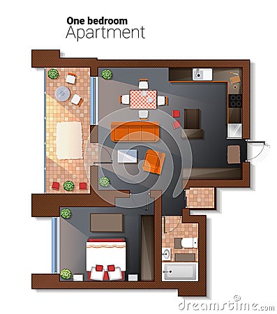 Vector top view illustration of modern one bedroom apartment. Detailed architectural plan of dining room combined with Vector Illustration