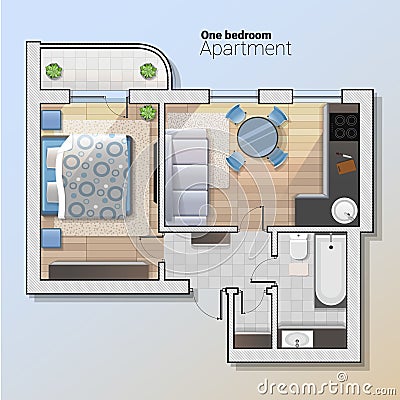 Vector top view illustration of modern one bedroom apartment. Detailed architectural plan of dining room combined with Vector Illustration