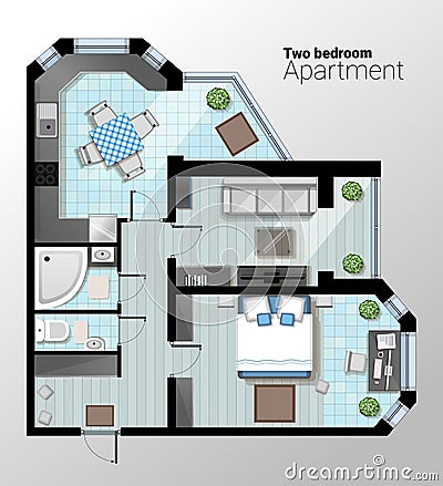 Vector top view illustration of modern two bedroom apartment. Detailed architectural plan of dining room combined with Vector Illustration