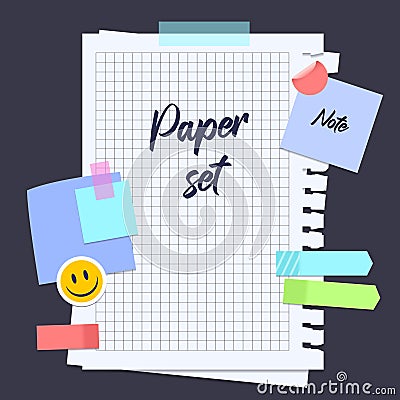 Vector torn paper pieces, blank squared and lined notepad pages pieces and design elements for attaching paper Vector Illustration