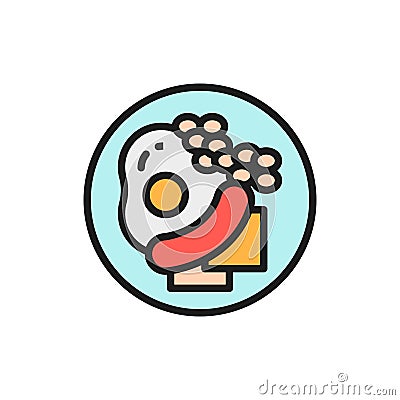 Traditional english breakfast, fried eggs with sausages flat color line icon. Vector Illustration