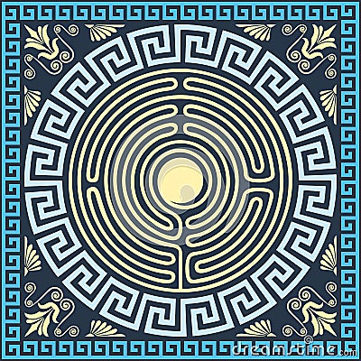 vector Traditional vintage gold and blue Greek ornament (Meander) Vector Illustration