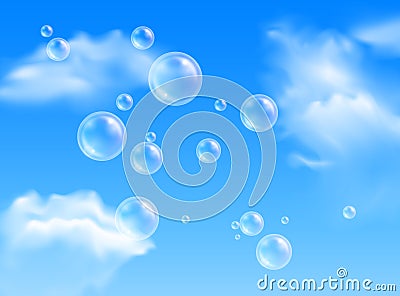 Vector transparent flying soap bubbles on blue sky background with white clouds Vector Illustration