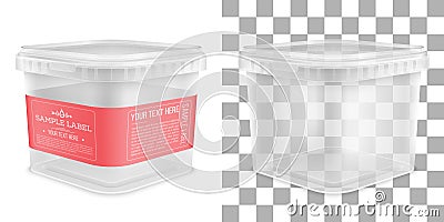 Vector transparent square empty plastic bucket with label. Front view from the corner Vector Illustration