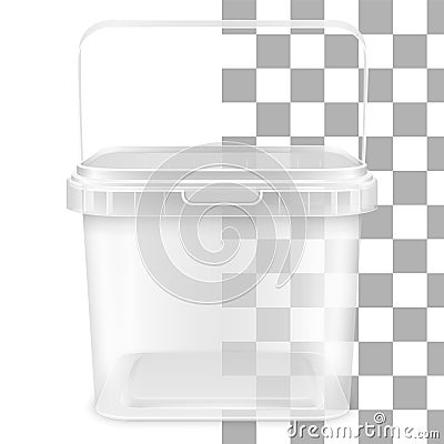 Vector transparent square empty plastic pail with handle. Front view Vector Illustration