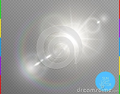 Vector transparent sunlight special lens flare light effect. Isolated sun flash rays spotlight. White front translucent sunlight Vector Illustration