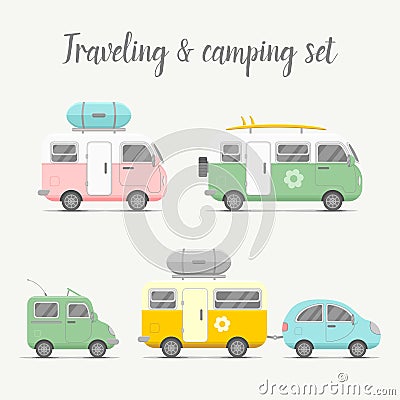 Vector transport caravan set. Types of trailers Vector Illustration