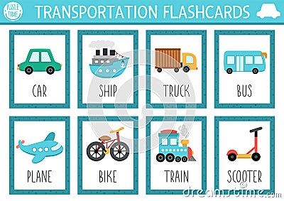 Vector transportation flash cards set with car, ship, truck, bike, plane, train, bus. English language game with cute transport Vector Illustration