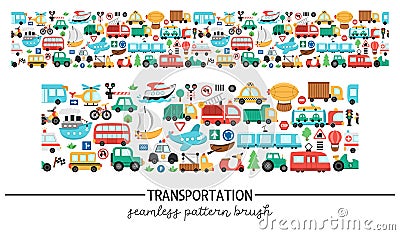 Vector transportation horizontal seamless pattern with different kinds of transport. Road trip repeating border brush. Cute Vector Illustration