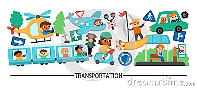 Vector transportation horizontal set with different kinds of transport and cute kids drivers. Road trip card template, frame Vector Illustration