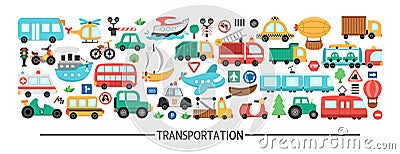 Vector transportation horizontal set with different kinds of transport. Road trip card template or frame design for banners, Vector Illustration