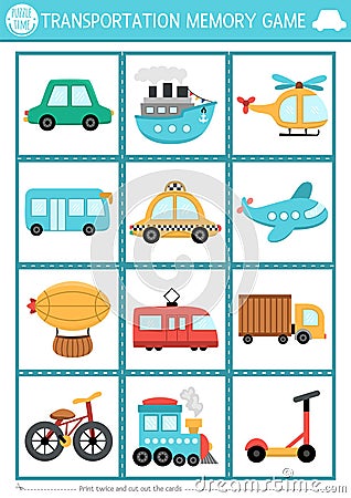 Vector transportation memory game cards with cute traditional symbols. Water, air, land transport matching activity. Remember, Vector Illustration