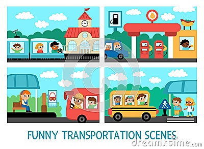 Vector transportation scenes set. Cute kids driving different transport. Horizontal landscapes with boys and girls on railway, gas Vector Illustration