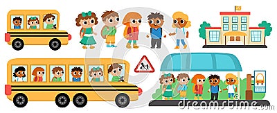 Vector transportation set with children. Funny school bus clipart collection with driver, little schoolchildren, bus stop, Vector Illustration