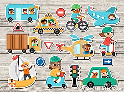 Vector transportation stickers set with cute children drivers. Transport patch icons collection with funny bus, car, boat, truck, Vector Illustration