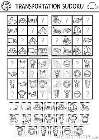 Vector transportation sudoku black and white puzzle for kids. Simple transport quiz with cut and glue elements. Education activity Vector Illustration