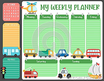 Vector transportation weekly planner with week days, to do list, goals. Cute transport calendar or timetable for kids. Road trip Vector Illustration