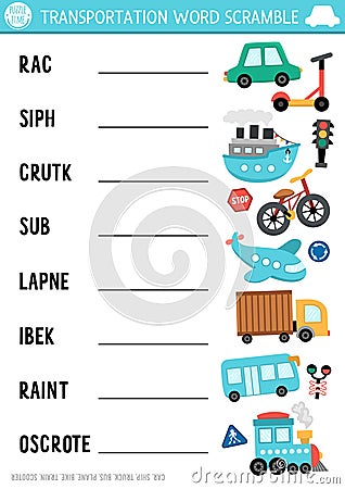 Vector transportation word scramble activity page. English language game with car, ship, train, bike, plane, bus for kids. Vector Illustration