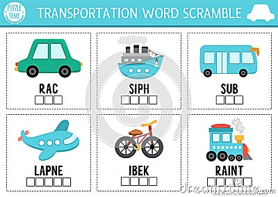 Vector transportation word scramble activity page. English language game with car, ship, train, bike, plane, bus for kids. Vector Illustration