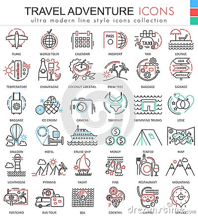 Vector Travel adventures ultra modern outline line icons for apps and web design. Travel sybols for app and web. Vector Illustration