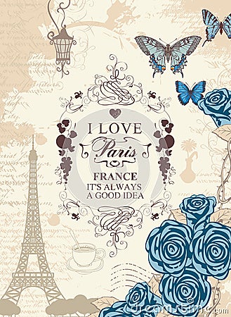 Banner with the Eiffel tower, roses and butterfly Vector Illustration