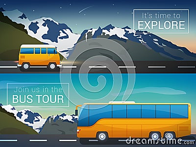 Vector travel banners set. Bus tour to Alps mountains, minibus in the wild, the company travelers Vector Illustration