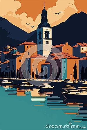 Vector travel illustration Budva Montenegro water view and old town tower Cartoon Illustration