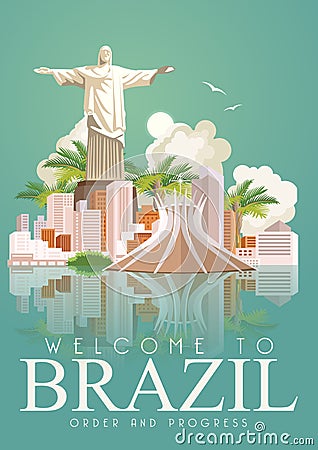 Vector travel poster of Brazil. Rio de Janeiro advertising card with great statue of Jesus. Vector Illustration