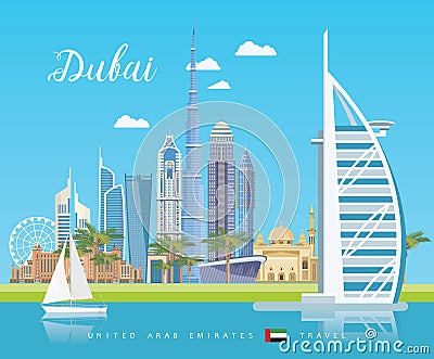 Vector travel poster of United Arab Emirates. Dubai. City view. UAE template with modern buildings and mosque in light style. Vector Illustration