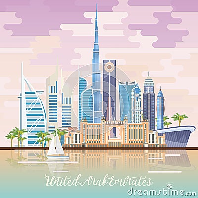 Vector travel poster of United Arab Emirates with mirror effect. UAE background with modern buildings and mosque in light style. Vector Illustration