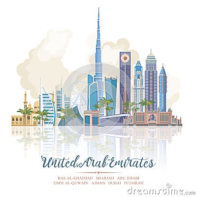 Vector travel poster of United Arab Emirates with mirror effect. UAE template with modern buildings and mosque in light style. Vector Illustration