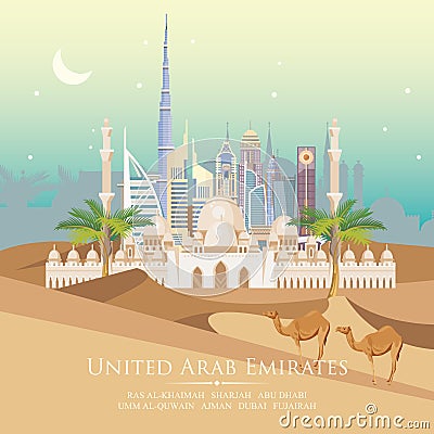 Vector travel poster of United Arab Emirates . UAE template with modern buildings and mosque in light style. Vector Illustration