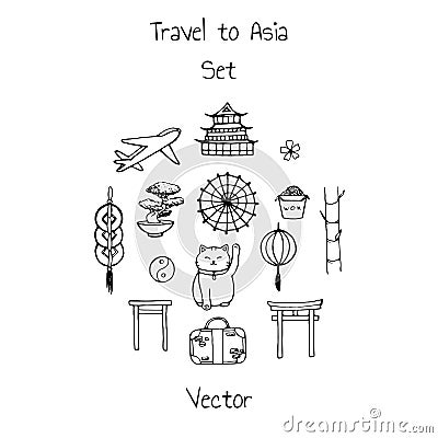 Vector travel to asia set. Includes plane, suitacse and oriental elements contours Vector Illustration