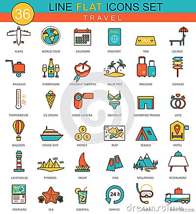 Vector Travel traveling flat line icon set. Modern elegant style design for web. Vector Illustration