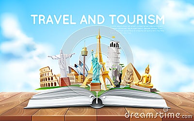 Vector Travelling tourism poster design in book Vector Illustration