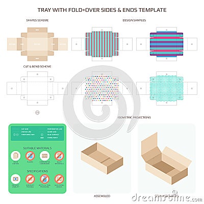 Vector tray with fold over sides and ends templates set Vector Illustration