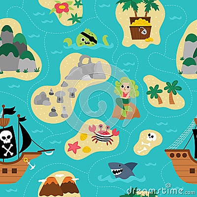 Vector treasure island seamless pattern with pirate ship, mermaid, octopus. Cute repeat background with tropical sea isles, sand, Vector Illustration