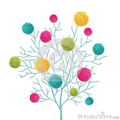 Vector Tree With Colorful Pom Poms Decorative Element. Great for nursery room, handmade cards, invitations, baby designs Vector Illustration